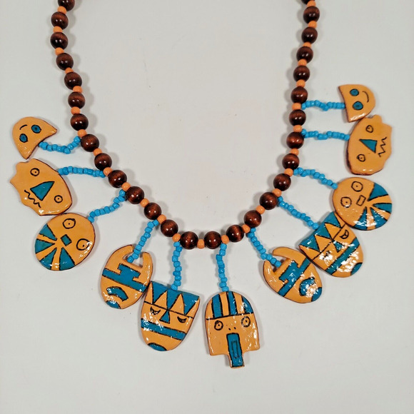 Vtg Hand Painted Wood Face Charm Necklace Southwest Tribal Mask Boho Bead Dangle - Picture 5 of 16